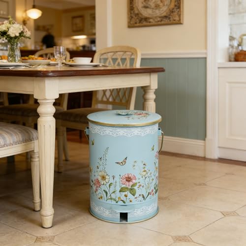 Image of White Floral Metal Step Trash Can with Lid, 8L Vintage Butterfly & Wildflower Decorative Waste Basket with Handles for Bathroom, Bedroom, Kitchen, 14.57 inch x 9.84 inch