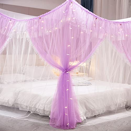 VETHIN 4 Corners Post Ruffle Princess Bed Canopy Curtain-Double Layer Cozy Drape Netting 4 Opening Mosquito Net for Girls Adults Bedroom Decoration (Double-Purple, 64" W*82" L*82"*H/(Queen)) by VETHIN - Image 7