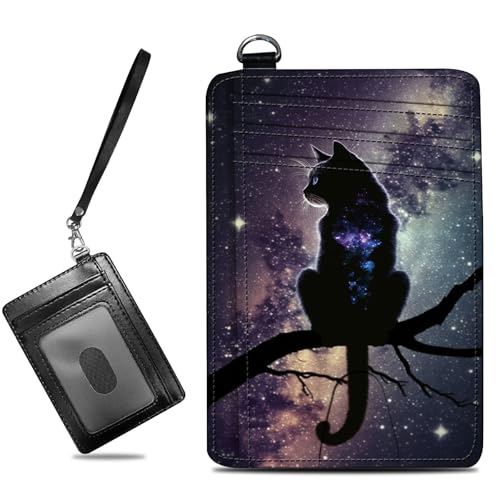 Image of Small Travel Wallets, Cat Nebula Slim Minimalist Front Pocket Wallet with Wristlet, RFID Blocking PU Leather Credit Card Holder with ID Window Change Purse for Men Women