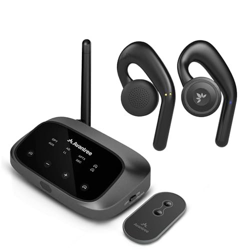 Avantree Oasis Plus 2 - Bluetooth Transmitter for TV with Remote Volume Control & Avantree TWS116 - Open-Ear Wireless Headphones & Charging Dock with Surroundings Awareness