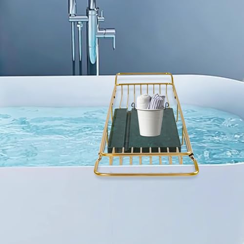 Xuthusman Bathtub Tray with Marble Board,Stainless Steel Bath Shelf Expandable Bathtub Bathroom Accessories for Bathroom Kitchen Sink (Gold+Green)