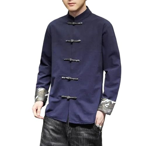 Chemise décontractée ample en coton et lin manches longues style chinois rétro