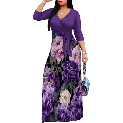 Image of PinkPatty Plus Size Maxi Dresses for Women Casual Flowy Long Dress 3 /4 Sleeve V Neck Wrap Dress with Belt