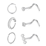 LAURITAMI 6 Pièces 20G Kit Piercing Nez Argent Acier Inoxydable Percing Septum Anneaux 8mm, Piercing Nez Forme de Spirale avec Zircone, Bijoux pour les Femmes et les Hommes
