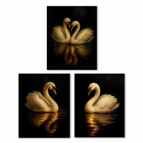 Pawfecto Set of 3 Swan Wall Art Prints, Romantic Swan Triptych Black and Gold Painting, Bedroom Love Decor, Unframed 8x10