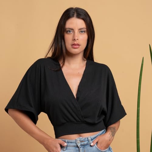 Blusa Manga Morcego Canelada Cropped Plus Size Feminina Decote V (M (40), Preta)