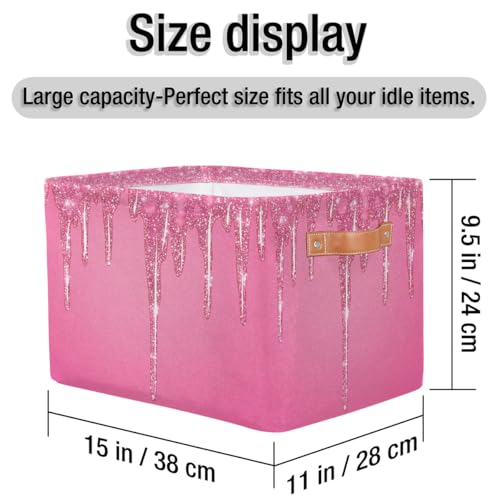 Image of Pink Sparkly Storage Baskets for Organizing, Fabric Collapsible Storage Bins Box Pink Glitter DecorativeToy Organizer Baskets for Closet Shelves Gift Basket 2Pcs