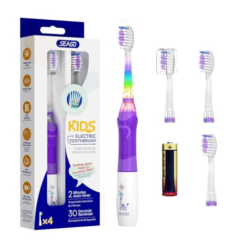 Elektrische Zahnbürste für Kinder, 3-12 Jahre, 2 Minuten Timer für gute Gewohnheiten, 4 weiche Ersatzköpfe, AAA-Batterie enthalten, farbige LED für Spaß beim Zähneputzen (Violett)
