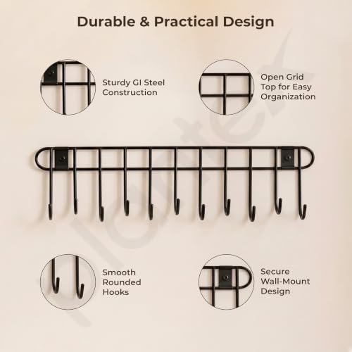 Image of Plantex Hook Rail /GI Steel Hooks for Wall Without Drilling /Self Adhesive Hook Rail for Clothes /Towel - Pack of 1 (11 Hooks, Black)