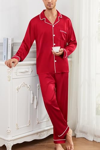 YOZLY Mens Silk Satin Pajamas Set Button-Down Loungewear 2 Pcs Pj Set Long Sleeve Sleepwear with Long Pants S-XXXL4