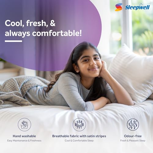 Image of Sleepwell Huggs Classic Soft Fibre-fill Pillow |White| Hand Washable | Polyester Satin Stripes | Sewn Seam | Polyester Conjugate Fibre | Lightweight & Vacuum | Medium Soft | 27 x 17 Inches | Pack of 1