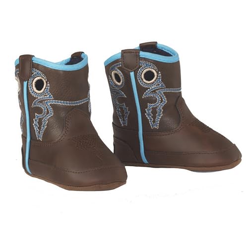 Twister Hudson Baby Bucker Boots, Brown with White and Blue Stitched Pattern, Velcro Closure for Easy Wear, Infant Size 4