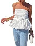 Leyajedol Women Y2k Peplum Tube top Strapless Bubble Bandeau Top Ruffle Hem Flowy Aesthetic Summer Going Out Streetwear(White, M)