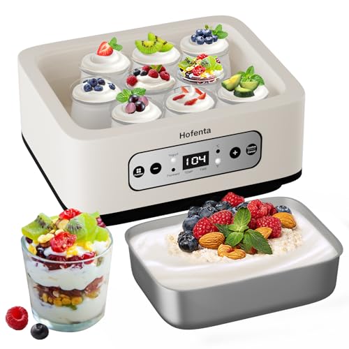 Hofenta 1.7 Quart Yogurt Maker with Stainless Steel Bowl, 9 Glass Jars, Digital Timer, Temperature Control, BPA-Free, Easy-to-Use, Family-Sized for Homemade Probiotic Yogurt, Dishwasher Safe