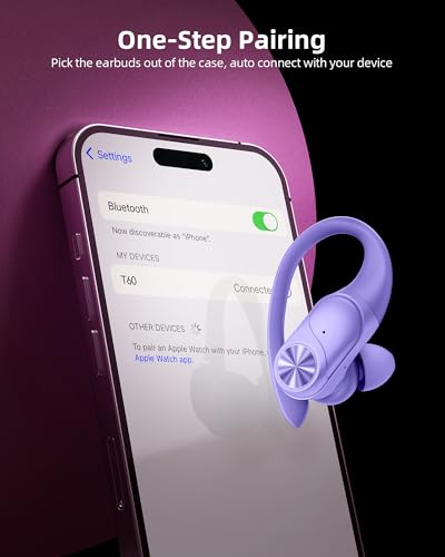 Image of PocBuds Bluetooth Headphones Wireless Earbuds 80hrs Playtime Wireless Charging Case Digital Display Sports Ear buds with Earhook Deep Bass IPX7 Waterproof Over-Ear Earphones for TV Phone Laptop Purple