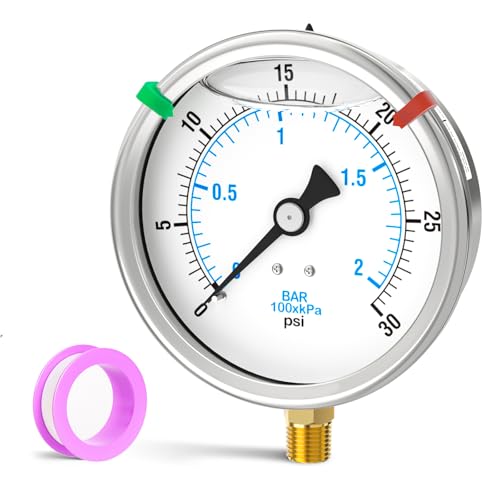 0-30PSI Stainless Steel Liquid Filled Pressure Gauge, 4" Dial Size, 1/4" NPT Lower Mount, for Tube, Water Pump, Gas, Liquid, Pressure Test (with Range Mark Pointer)