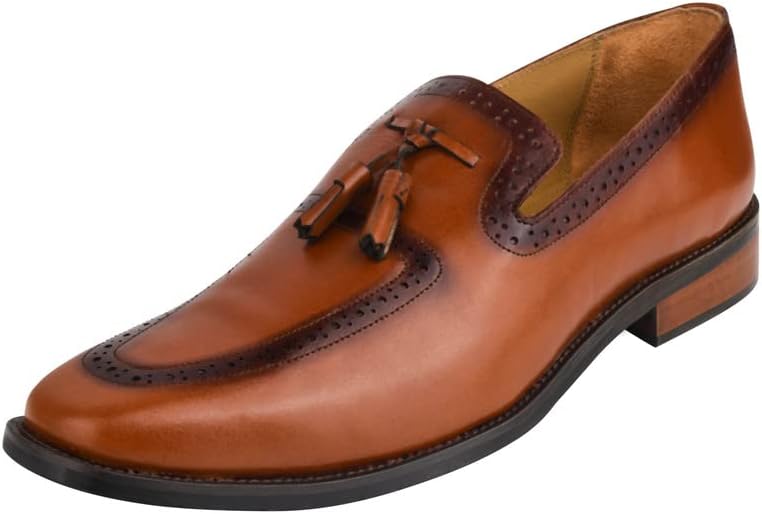LIBERTYZENO Mens Genuine Leather Tassel Loafer Slip On Dress Shoes 7.5 Tan
