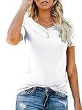ANIXAY Women's V Neck Short Sleeve Henley Button up T Shirt Casual Basic Boutique Tops Blouse White-