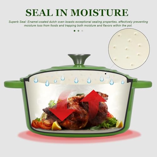 Overmont 26cm/5.2L Enamelled Cast Iron Round Casserole Pot With Lid Cookbook & Cotton Potholders - Non-stick Dutch Oven Cookware for Braising, Stews, Roasting, Bread Baking - Forest green, 5.5QT