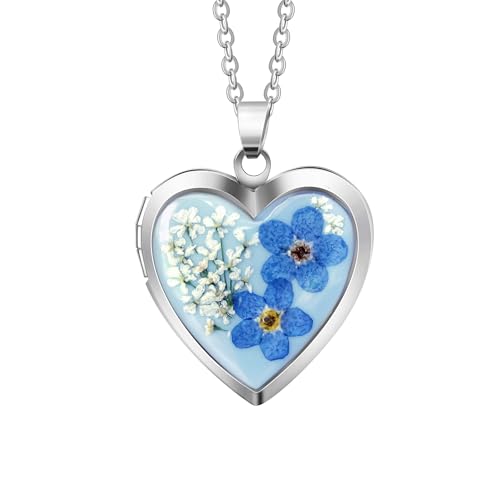 Handmade Heart Shaped Dried Pressed Forget Me Not Flower Photo Locket Pendant Necklace (Silver, Customized with photo)