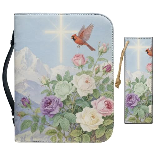 Chicprint PU Leather Bible Case for Women Watercolor Cross and Cardinal Bible Cover with Bookmark Durable Bible Bag for Christian Daily Church Bag with Pockets Handle Blue