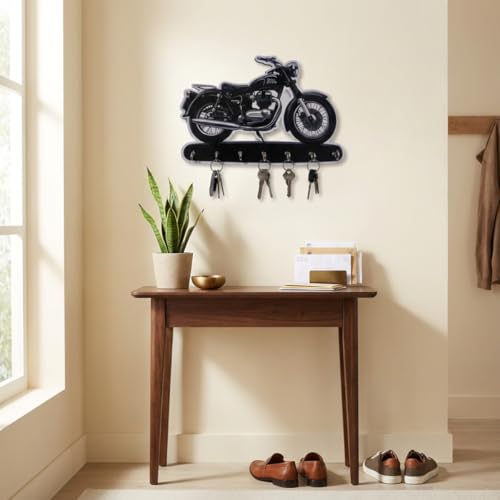 Image of Bike Key Holder for Wall - Royal Enfield Style Wooden Motorbike Key Hanger with 7 Metal Hooks - Wall Mounted Key Stand & Entryway Organizer for Home Decor, Biker Gift