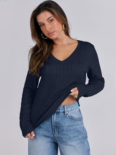Image of ANRABESS Women's Cable Knit V Neck Fitted Sweaters