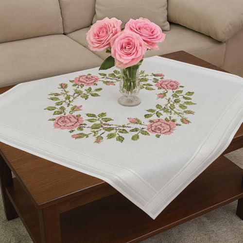KAMACA Stickpackung Tischdecke 80x80 cm Blumen Kreuzstich-Set vorgedruckte Stickdecke inkl. Stickgarn Stickvorlage & Anleitung Stickset zum Selbersticken für Erwachsene (Rosen Kranz MD 80x80 cm)