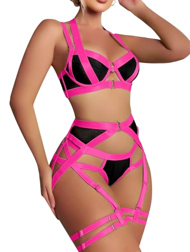 Lilosy Sexy Strappy Underwire Push Up Garter Belt Women Lingerie Set Harness Cutout Outfits Matching Bra Panty 3 Piece2