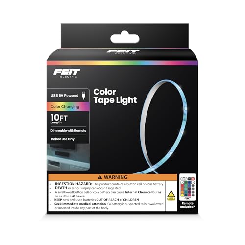 Image of Feit Electric 10ft Color LED Tape Light, Dimmable, RGB Color with Remote Control, Cut-to-Fit Design, 5V USB-Powered Display Lighting, Indoor Use Only, 25,000-Hour Lifetime, TAPE120 /RGB /USB