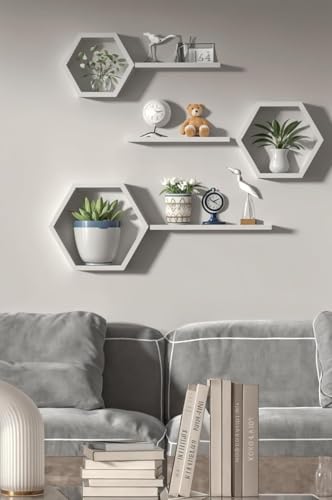 Image of Engineered Wood Woden Hexagonal Shape Wall Hanging Rack Floating Shelves for Display for Photos,Plants Living Room, Bedroom,Bathroom, Kitchen, Office Decor (White)