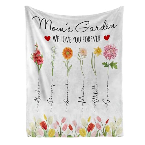 D-Story Personalized Mom's Garden Blanket With Kids Names - Customized Birth Month Flower - Custom Grandma Garden - Christmas Gifts for Mother (40