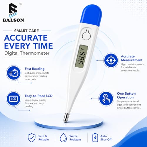 Image of BALSON Digital Thermometer for Adults & Kids - Fast & Accurate Oral Thermometer with Easy-to-Read LCD Display, Fever Alarm, Waterproof Tip & Auto Shut-Off