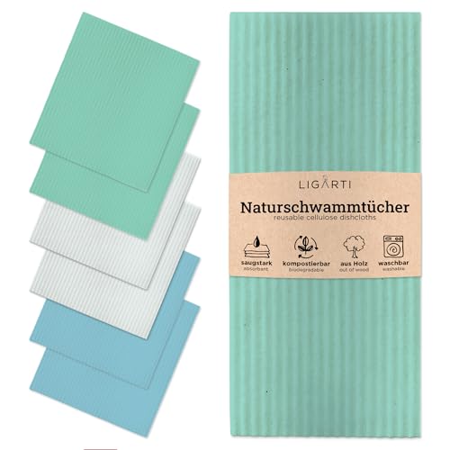 Ligarti Schwammtücher aus Holz (100% öko & waschbar) 6er Set Spültücher nachhaltig kompostierbar I Allzwecktücher für den Haushalt Made in Germany I Spüllappen kompostierbar (Gemischt I 6Set)