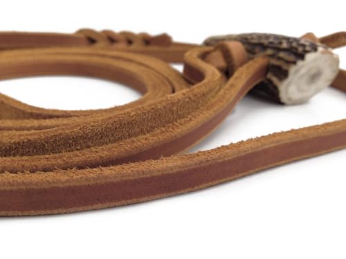 Lautlose Jagdleine aus Fettleder mit hochwertigen Horn Riemenführungen Cognac mit Kehlkopfschutz