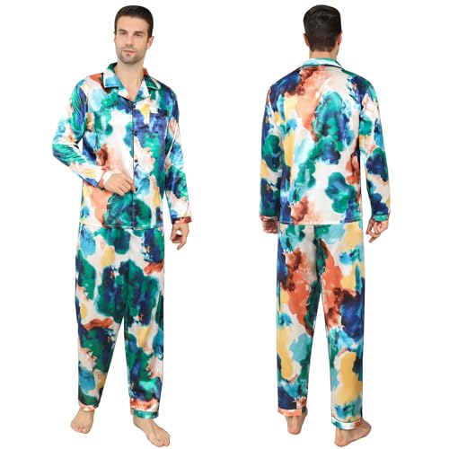 AISOMNUS-Mens Silky Satin Pj Sets black pattern Man Pajamas Set3
