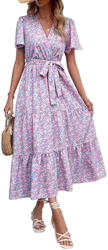 MASCOMODA Womens Summer Swiss Dot Maxi Dresses Wrap V Neck Flutte...