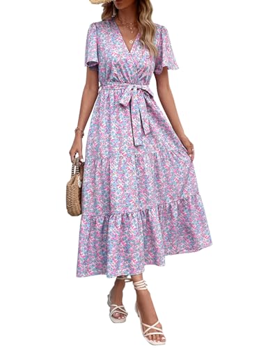 MASCOMODA Womens Summer Boho Maxi Dress Floral Wrap V Neck Flutter Short Sleeve Tie Waist A Line Tiered Flowy Long Dresses(Blue and Pink,Medium)