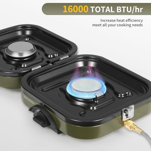 Naturehike Outdoor Camping Gas Stove Foldable 2 in 1 Burner with Grill Plate Portable Camping Gas Stove 2 Adjustable Burners Piezo Ignition Compatible with Isobutane Fuel Mix - Image 6