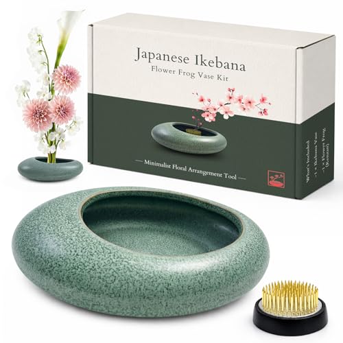 Japanese Flower Frog Vase Set Celadon Glaze