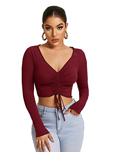 SheIn Women s Ruched Drawstring Front Deep V Neck Solid Long Sleeve Crop Tee Top Burgundy Medium
