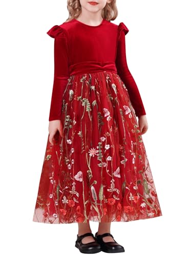 Kids Girls Fall Winter Long Sleeve Velvet Flower Floral Embroidery Ruffle Tulle Tutu Dress Princess Party Dresses