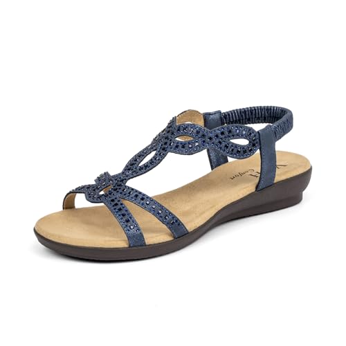 VJH confort Womens Flat Sandals Rhinestone Open Toe Elastic Strap Slip On Sandals Comfortable Walking Dress Flats for Casual Wedding Party(Navy Blue 8)
