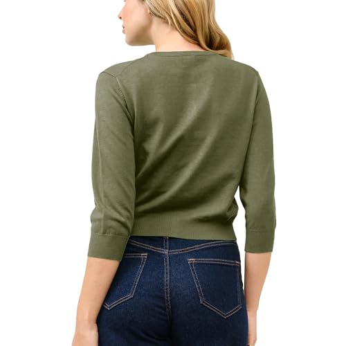 Image of Women's Cropped Cardigan 3 /4 Sleeve Crewneck Button Up Sweater Knit Top (S~XL)