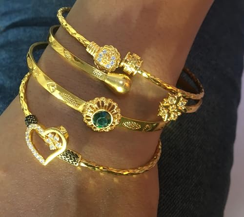 Image of Touchstone Indian Bollywood Handcrafted Engraved Etched Floral Round Rhinestones Cubic Zirconia CZ Designer Jewelry Openable Elegant Gold Plated Bracelets Combos for Women