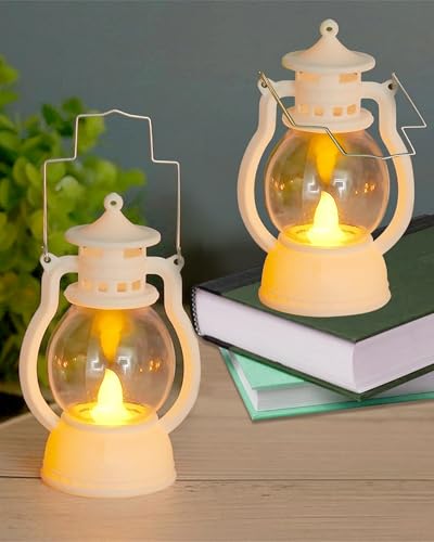 Image of Homesake 2 pcs Flameless and Smokeless Acrylic Antique LED Lantern Hurricane Lamp and Wall Hanging Candle Light, Diwali Candles for Ramadan Decorations for Home, Ramadan Lanterns for Home (White)