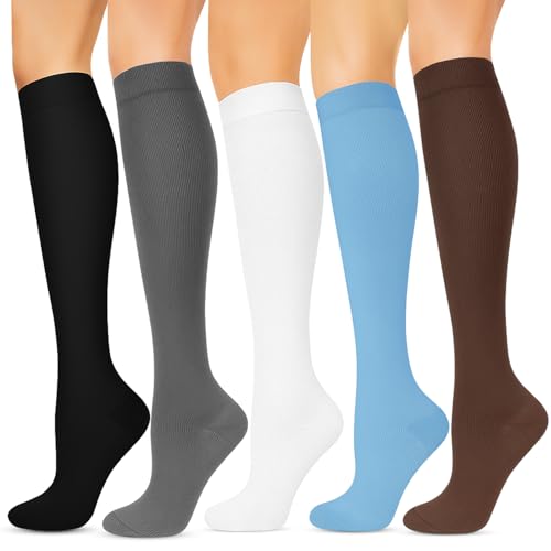 Image of Wide Calf Compression Socks for Women & Men - 5 Pairs Plus Size 15-20 mmHg Graduated Knee High Compression Socks for Travel, Nurses, Pregnant Women, Running, Hiking & Everyday Wear