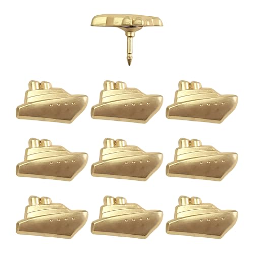 Image of Cruise Ship Push Pins - Gold Metal Cruise Ship Pins - for Cork Board, Maps, or Lapel Pin Use - Designed in USA - Set of 10