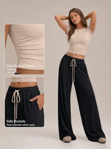 Image of Trendy Queen 2 Piece Matching Summer Lounge Set Womens Side Ruching Top Wide Leg Pants Sets with Pockets