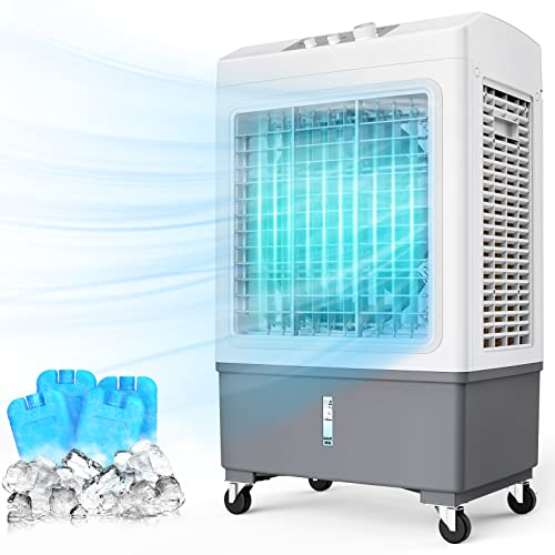 Image of Evaporative Air Cooler, 2100 CFM Windowless Air Conditioner Portable for Room, 3 Speed Swamp Cooler, 4 Ice Packs, 8 Gallon Cooling Fan & 4Scroll Casters, Evaporative Cooler for Garage Outdoor